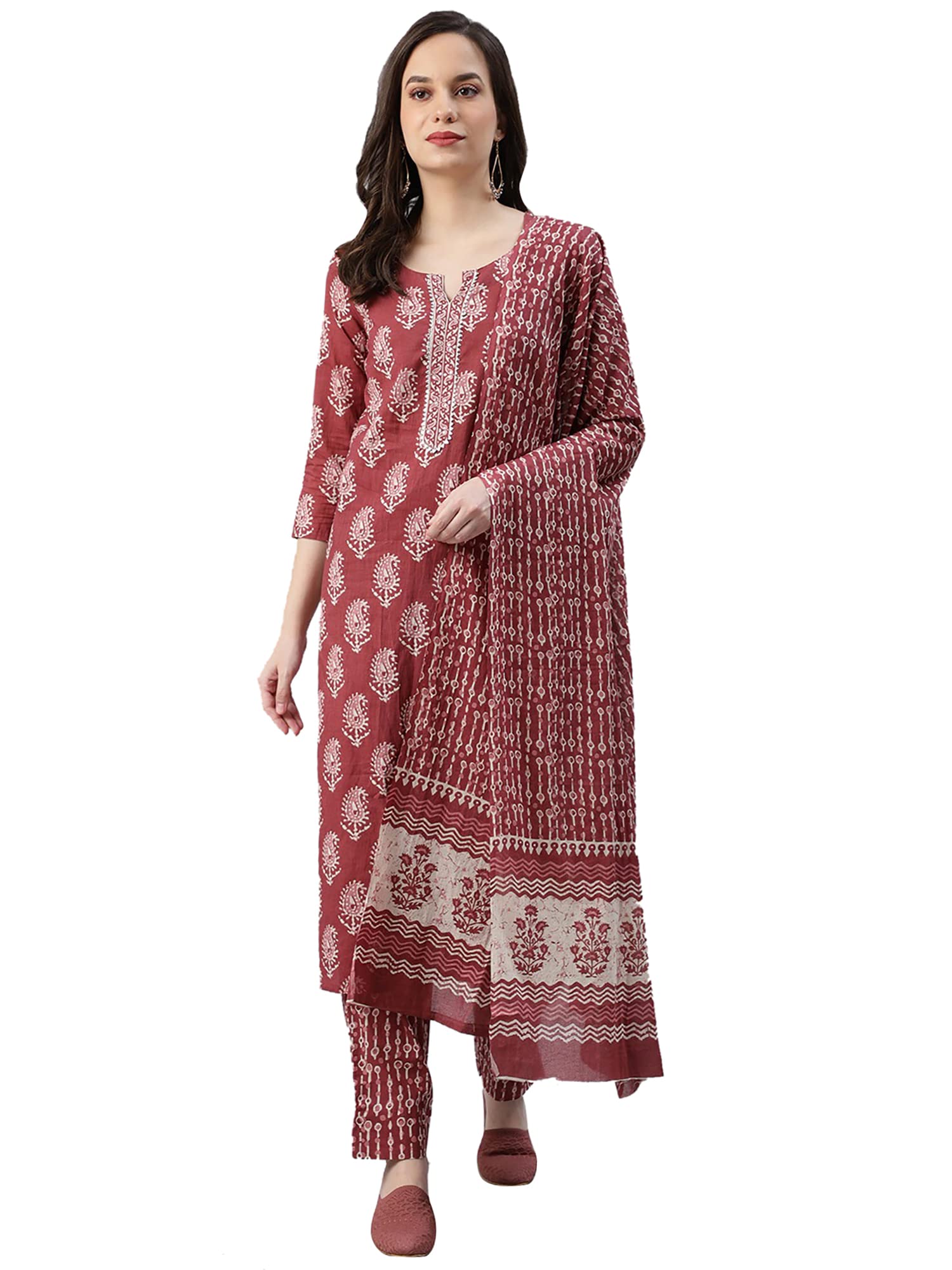 VaamsiWomen's Cotton Blend Paisley Printed Straight Kurta Pant With Dupatta