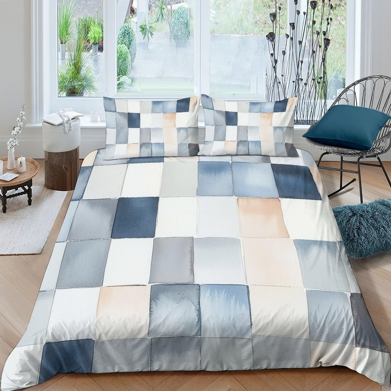Ctjqhvkz Style-8 3D Printed Patchwork Blue Grey Fitted Sheet Microfiber Soft Breathable Geometric Mattress Cover Bedroom Decor Single（135X200cm）