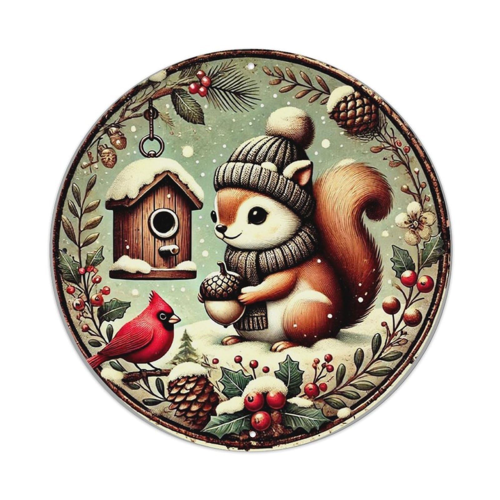 Winter Squirrel Cardinal Pinecone Snow Round Metal Tin Sign Vintage Wall Decor, Bar Garage Cafe Kitchen Home Wall Art Poster 8x8inches