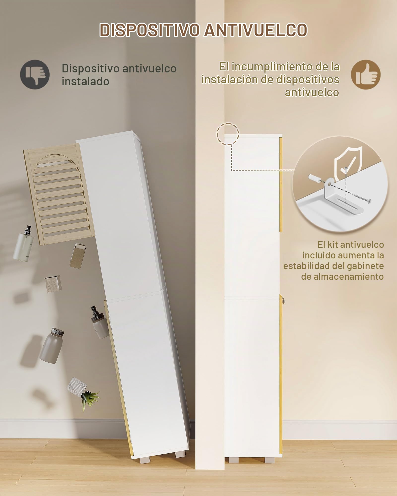 Hzuaneri Mueble Baño, Armario Alto Baño, Bambú, 4 Puertas, 2 Espacio Abierto, Estantes Ajustables, Mueble Auxiliar de Almacenaje para Salón, 30 x 60 x 171,5 cm, Blanco SC17103X