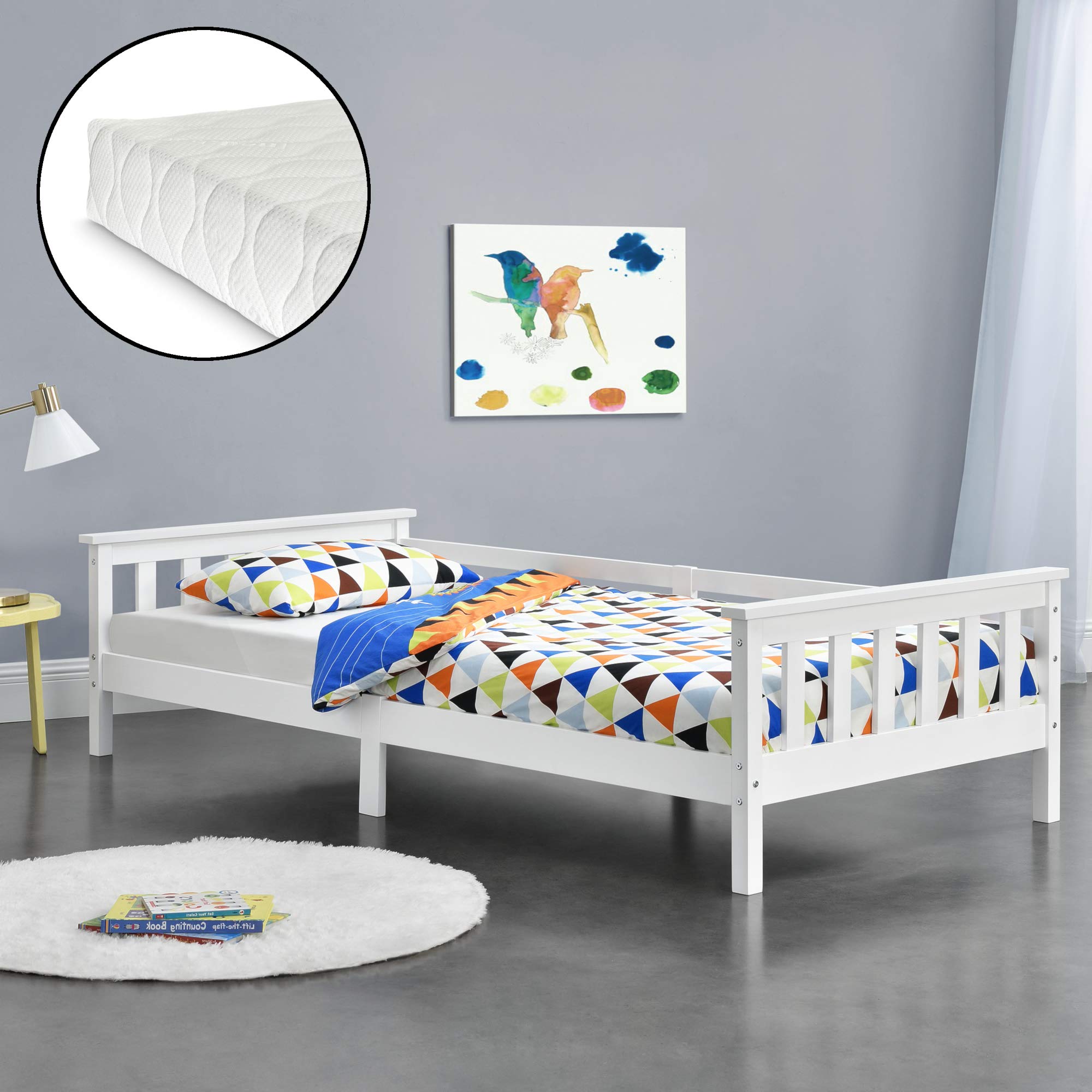 [en.casa] Letto per Bambino/Ragazzo con Materasso Ipoallergenico a Schiuma Fredda 90x200 cm Letto di Design Moderno in Legno di Pino con Testiera e Pediera - Bianco