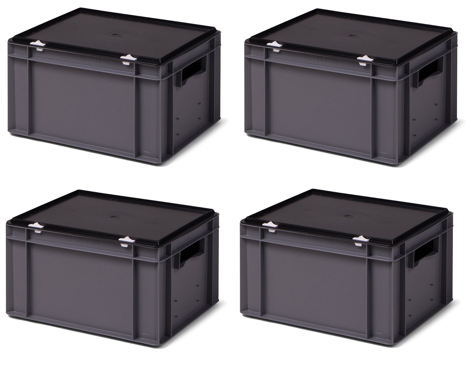 1a-TopStore Transport-Stapelboxen-Set (4 St.) /Lagerbehälter, KTK 400/210-0, grau, mit schwarzem Verschluß-Deckel, Abm. 400x300x221 mm (LxBxH)