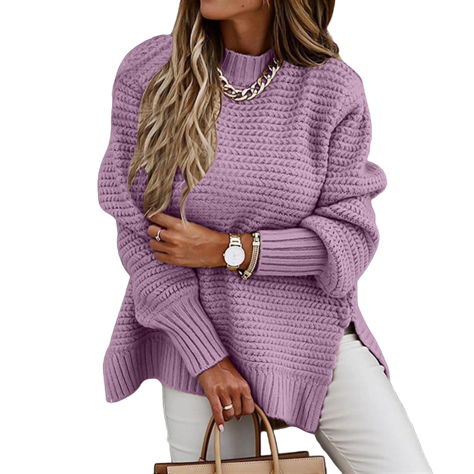 Womens Side Split Sweaters Waffle Chunky Cable Knitted Turtleneck Pullover Long Lantern Sleeve Loose Jumper Tops