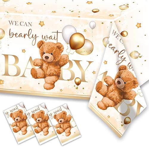 CMUSKO Decoraciones de oso para baby shower para niños, 3 piezas, con temática de oso marrón, mantel de plástico para mesa de bebé para suministros