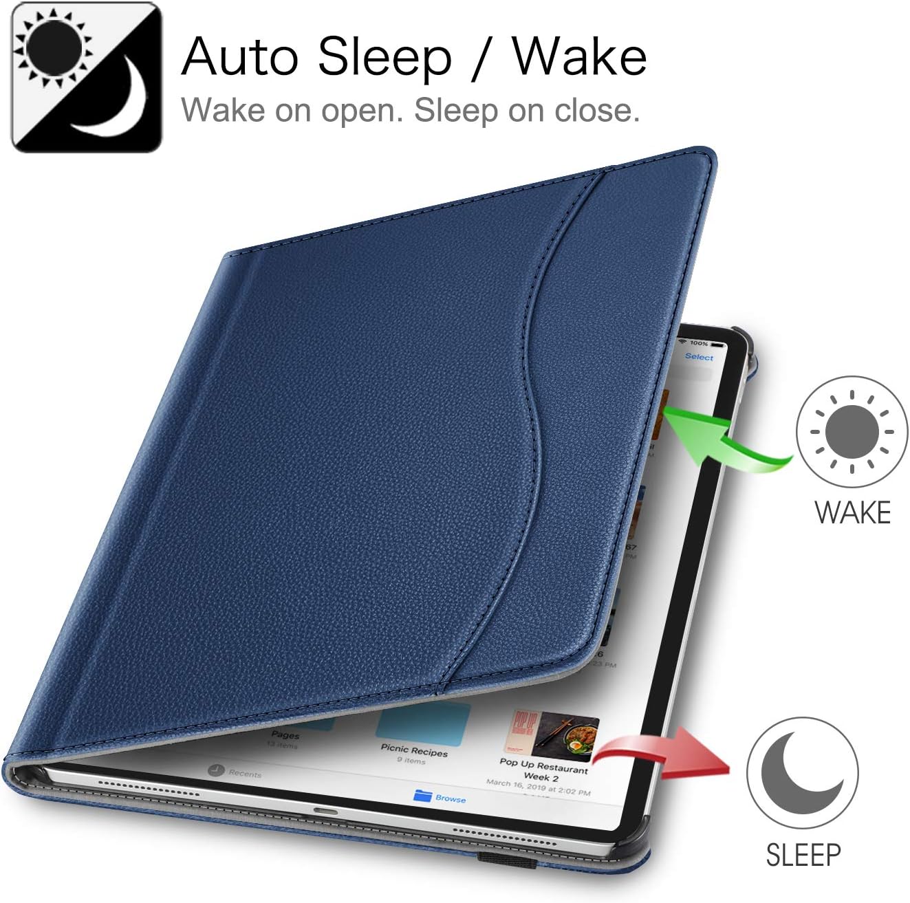 CaseBot Case for iPad Pro 12.9" 4th & 3rd Generation 2020/2018 with Pencil Holder, Multi-Angle Folio Smart Stand Cover w/Pocket & Auto Sleep/Wake, Support Pencil 2nd Gen Charging (Navy)