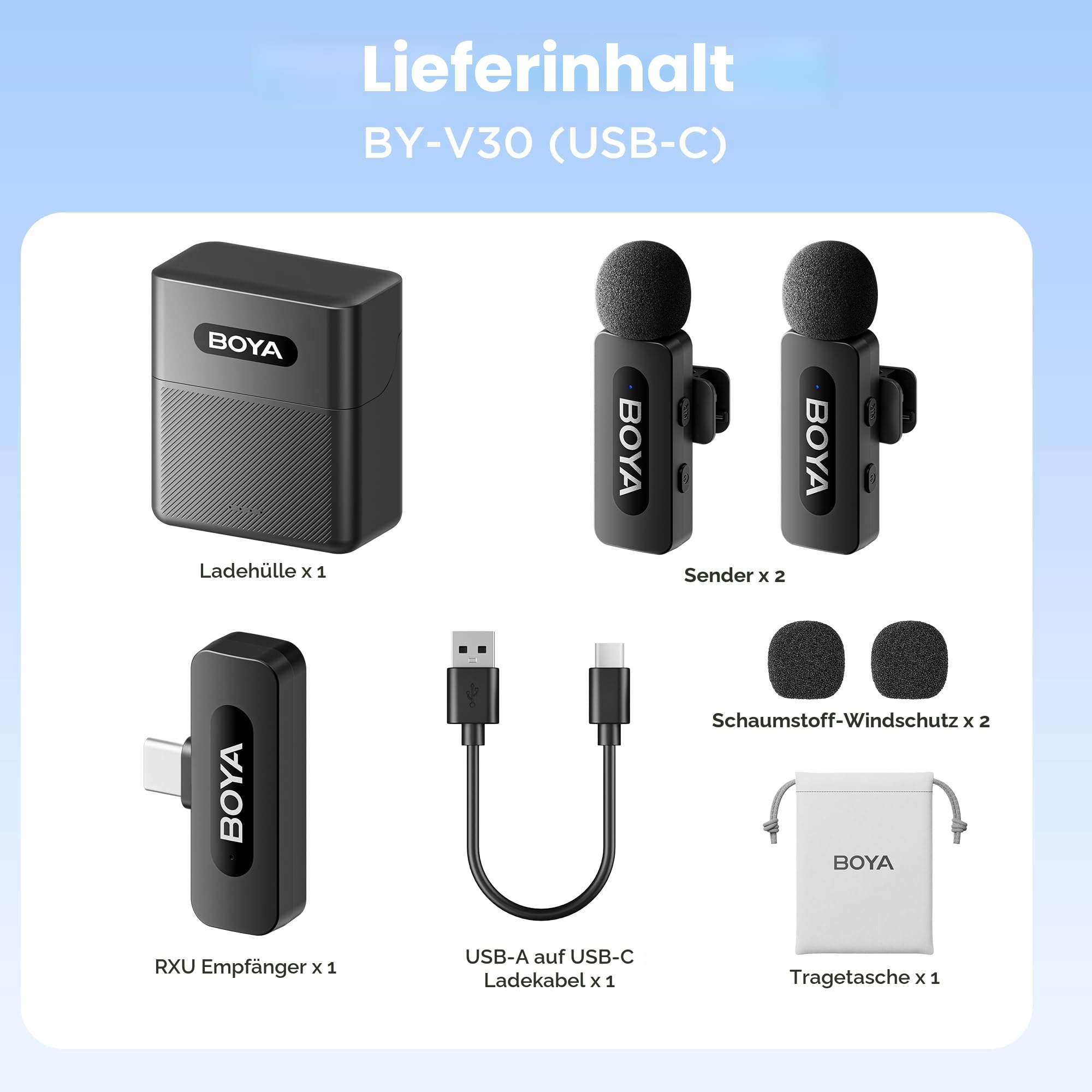 BOYA BY-V30 Mini Kabellos Lavalier Mikrofon 2 Pack 100m Reichweite USB C für Podcast Live Stream