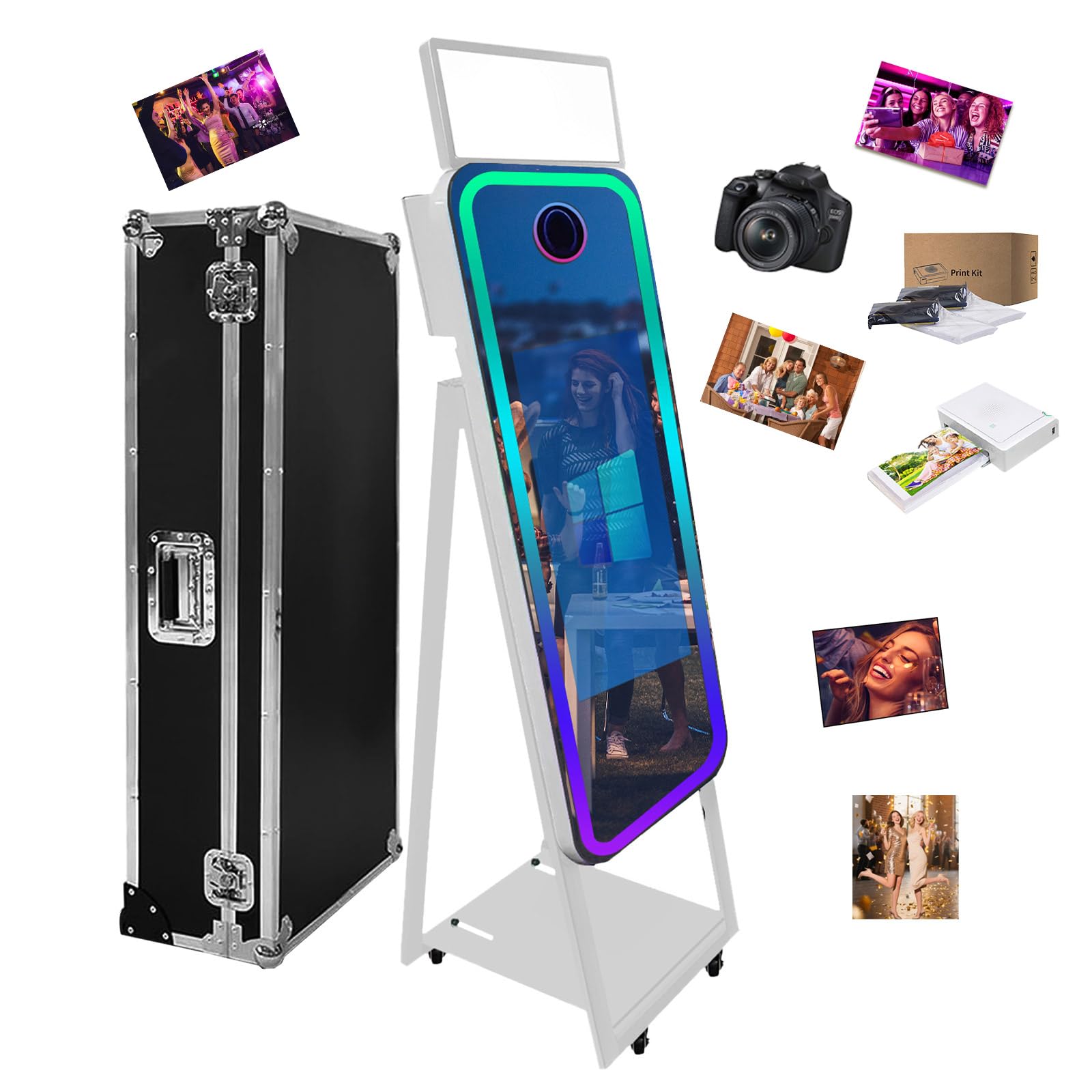 Portable Camera Mirror Photo Booth 40in with Touch Screen DSLR Photo Booth with Flight Case,RGB Light for Wedding Rental Business Parties (White, 40 inch+Camera+Mini Printer)