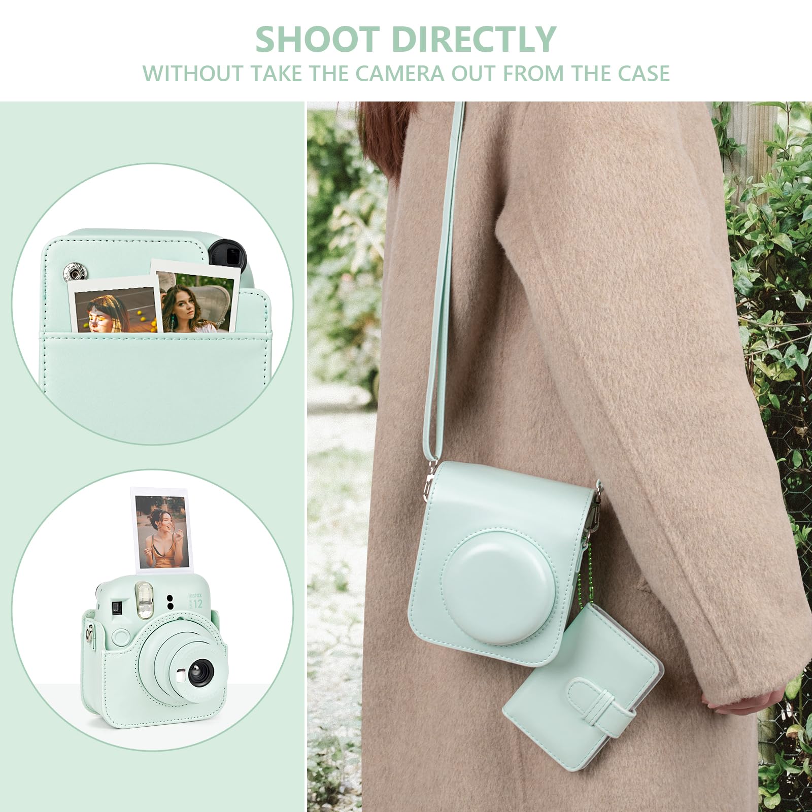 Housse pour Instax Mini 12, Étui pour Appareil Photo en Cuir PU de qualité supérieure avec bandoulière et Mini Album Photo pour Films instantanés de 3 Pouces (Vert Pur)