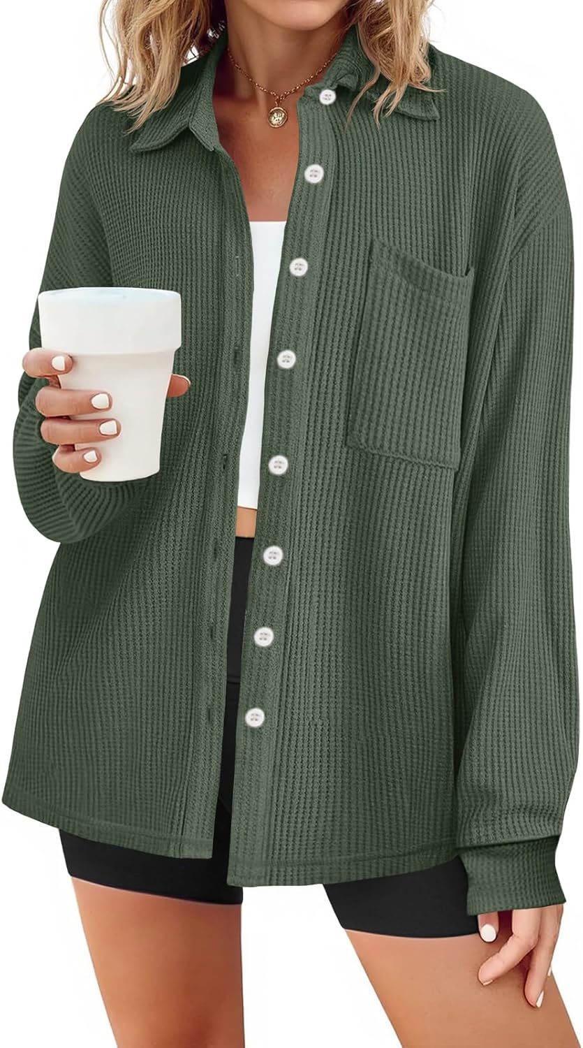 Tankaneo Womens Waffle Knit Button Down Shirts Fall Dressy Casual Long Sleeve V Neck Blouse Loose Fit Work Tops Shacket
