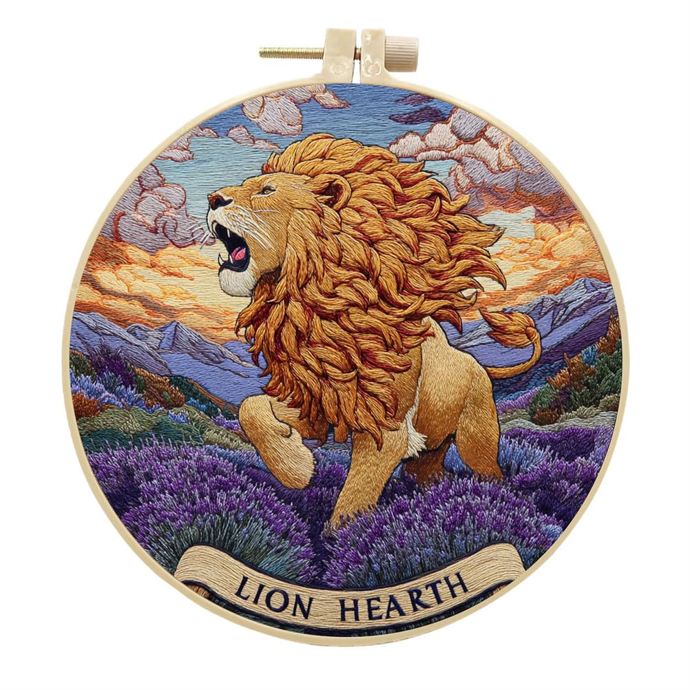 Meecaa Embroidery Kit Starter Set, Lion Lavender Animal Hand Embroidery Set, Pattern Printed Cross Stitch Set for Beginner Adults, with Embroidery Hoop and Instructions (Lion 1)