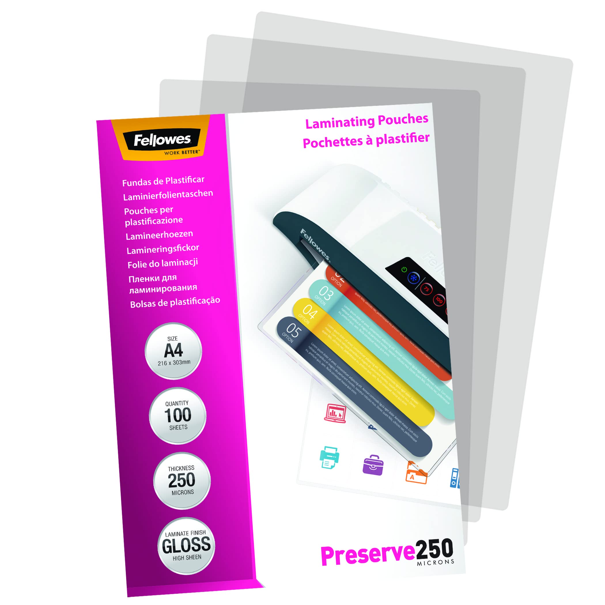 Fellowes Pack de 100 Pochettes de plastification à chaud A4-250 microns brillante & Pochettes de plastification 80 microns A4, pack de 100 pochettes, haute qualité, finition brillante, 5306114