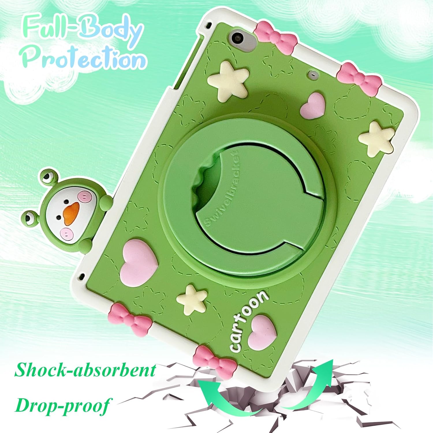 Kids Case for iPad 9th/8th/7th Gen 10.2" (2021/2020/2019),iPad Air 3rd Gen 10.5 inch 2019/ iPad Pro 10.5" 2017, UUcovers 360° Rotating Ring Handle Stand Cover with Shoulder Strap, Green Frog Duck