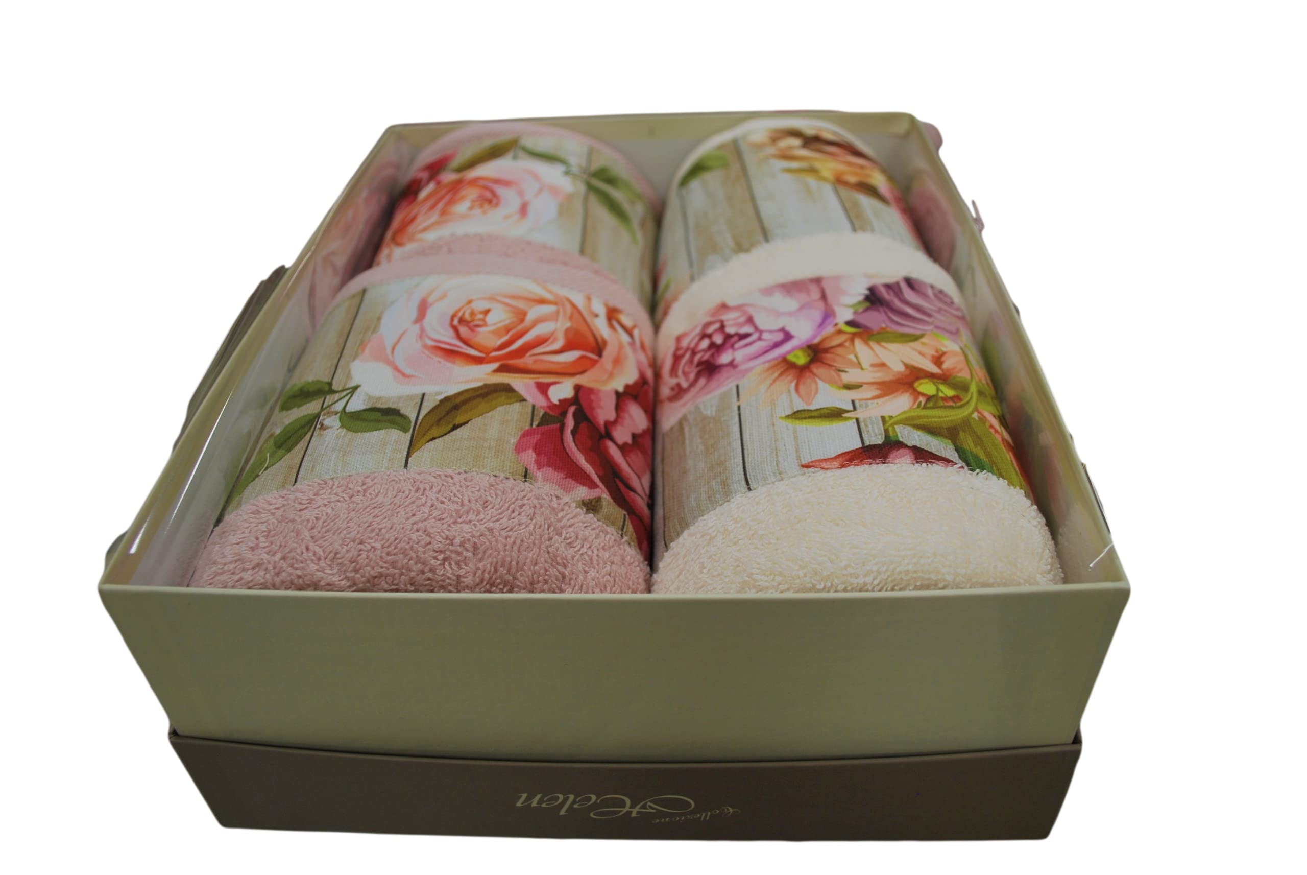 GERMINI SET DI ASCIUGAMANI DA BAGNO 4 PEZZI CON BORDO FANTASIA A ROSE SPUGNA DI PURO COTONE IN SCATOLA REGALO MADE IN ITALY (BEIGE/ROSA)