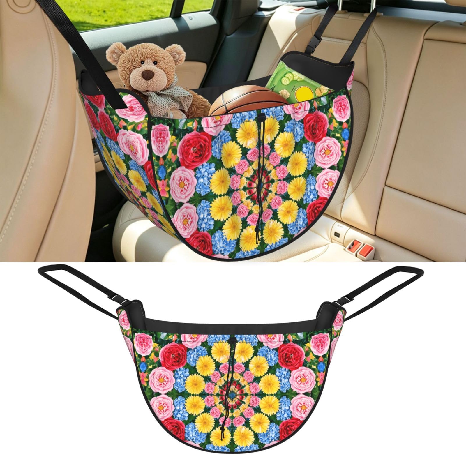 Cntdbu Black Flower Kaleidoscope Car Seat Organizer-Backseat Storage Bag For Travel