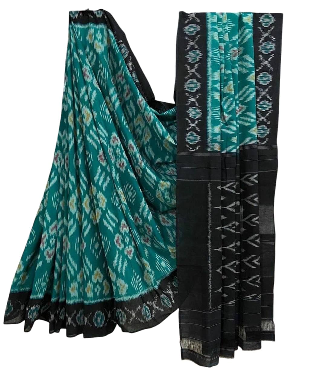 Handicrafts Women's Ikat Hand Block Print Pure Soft mul Cotton Saree with Blouse Piece Teal Blue-image-48