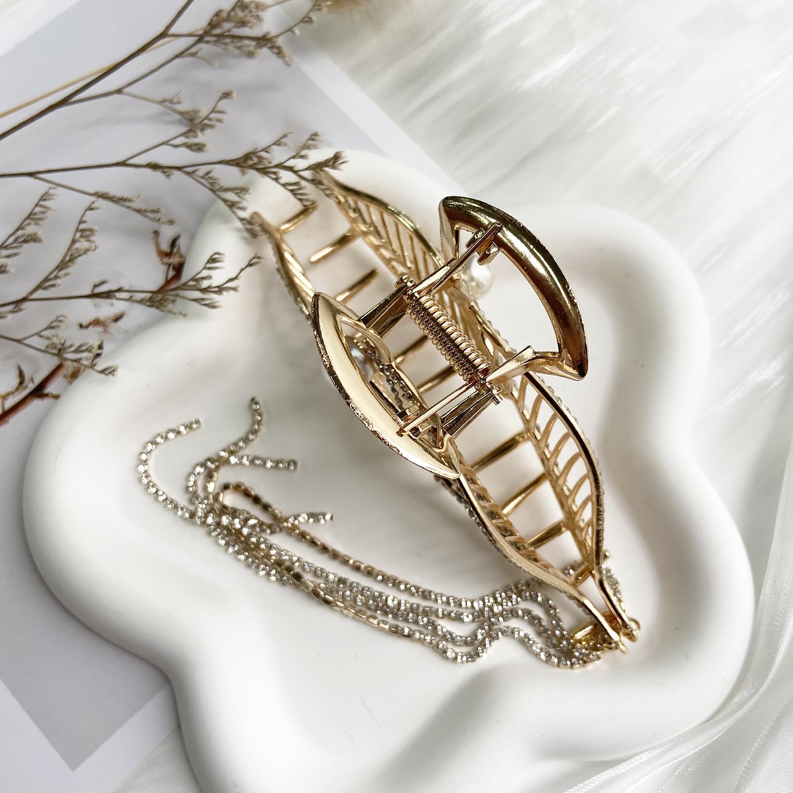 Gold Tone Pearl Leaf Hair Claw Clip Large Ornate Metal Statement 582 Amazon.com: Leaf Hair Clips with Tassel, Metal Hair Claw  main image 4