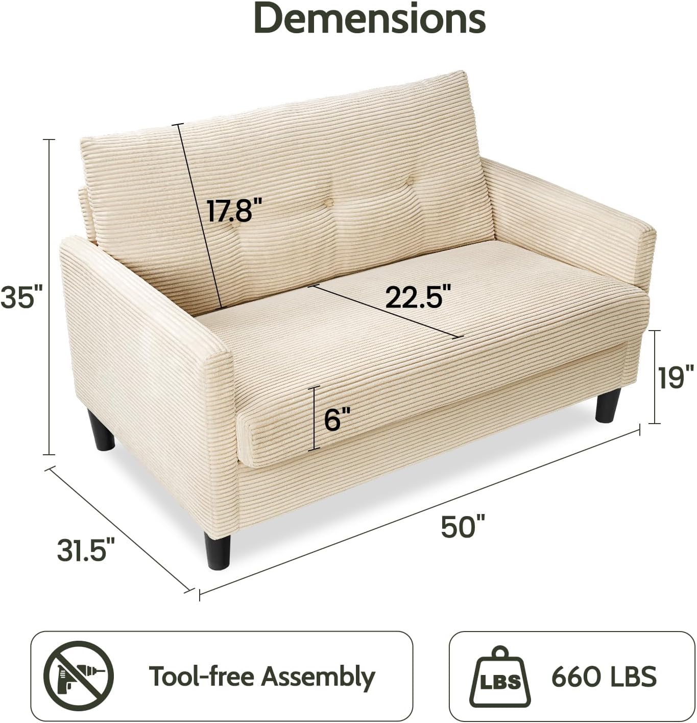 WEUP 50" Small Loveseat Sofa Small Couch for Living Room, Bedroom, Office, Beige Corduroy Comfy Love Seat with Spring Cushion, Solid Wood Frame, Tool-Free Assembly, Beige Corduroy