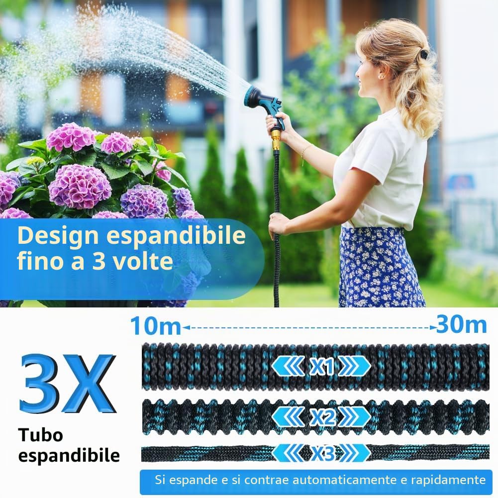 Tubo Acqua Giardino Estensibile 30m /100ft, con 10 Modalità di Spruzzo