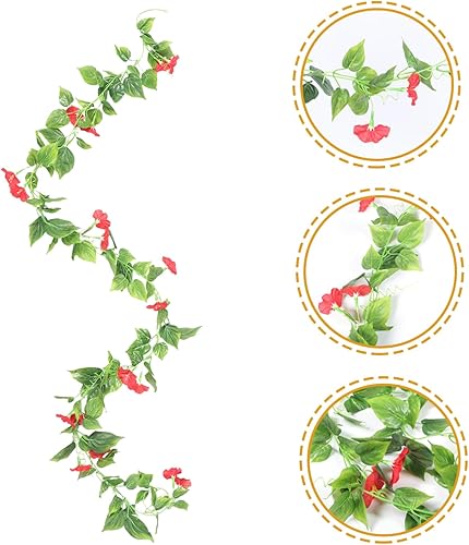 Miniatura 4 de Guirnalda de flores artificiales de gloria matutina, plantas colgantes, 2 piezas de plantas verdes falsas de seda, valla de pared, decoración de