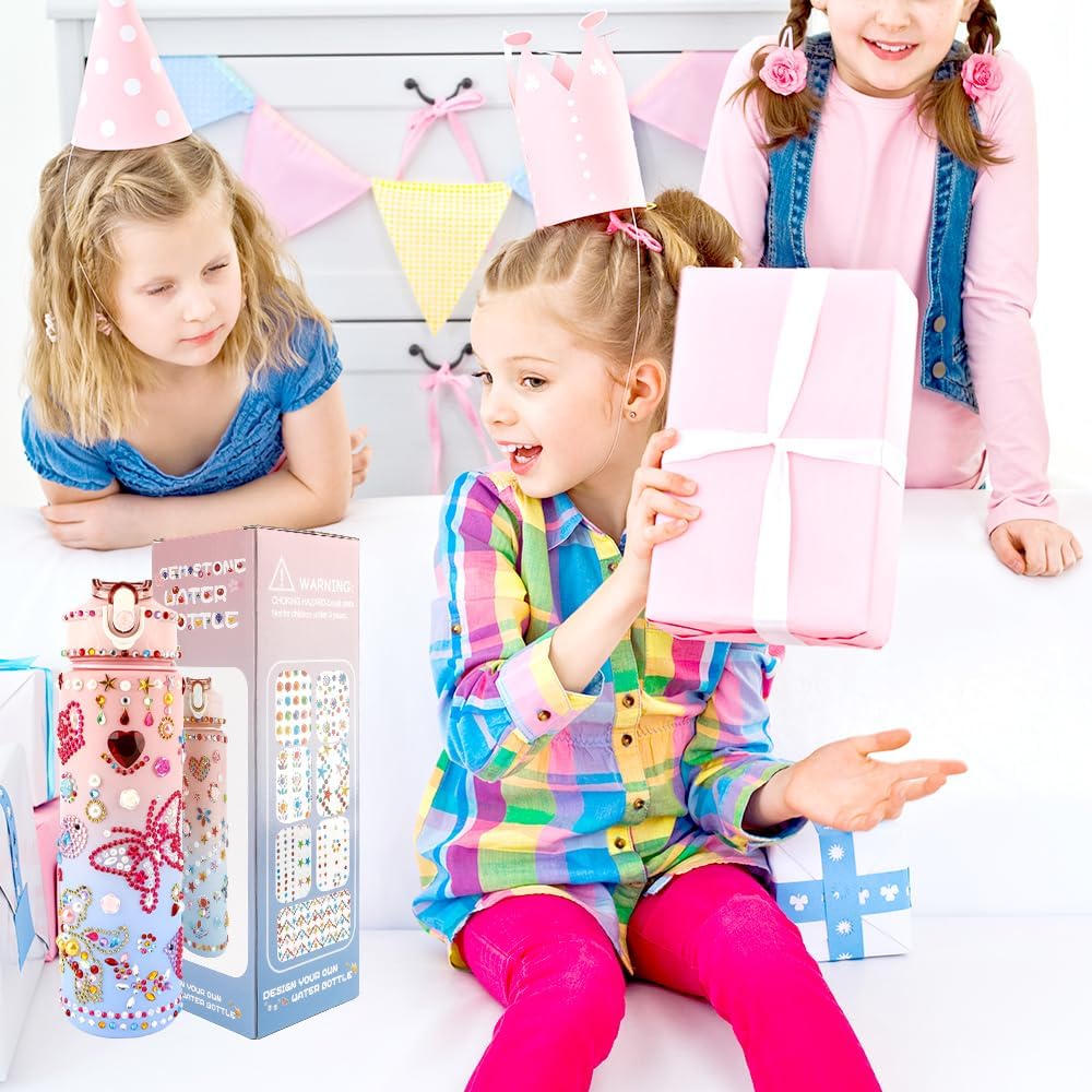 Decorate Your Own Water Bottle Kits for Girls, Birthday Gift for Girls, 4-12 Year Old Girl Gifts, Girls Water Bottle and DIY Gem Stickers with Crafts Kits for Girls, Valentines Easter Gift for Girls