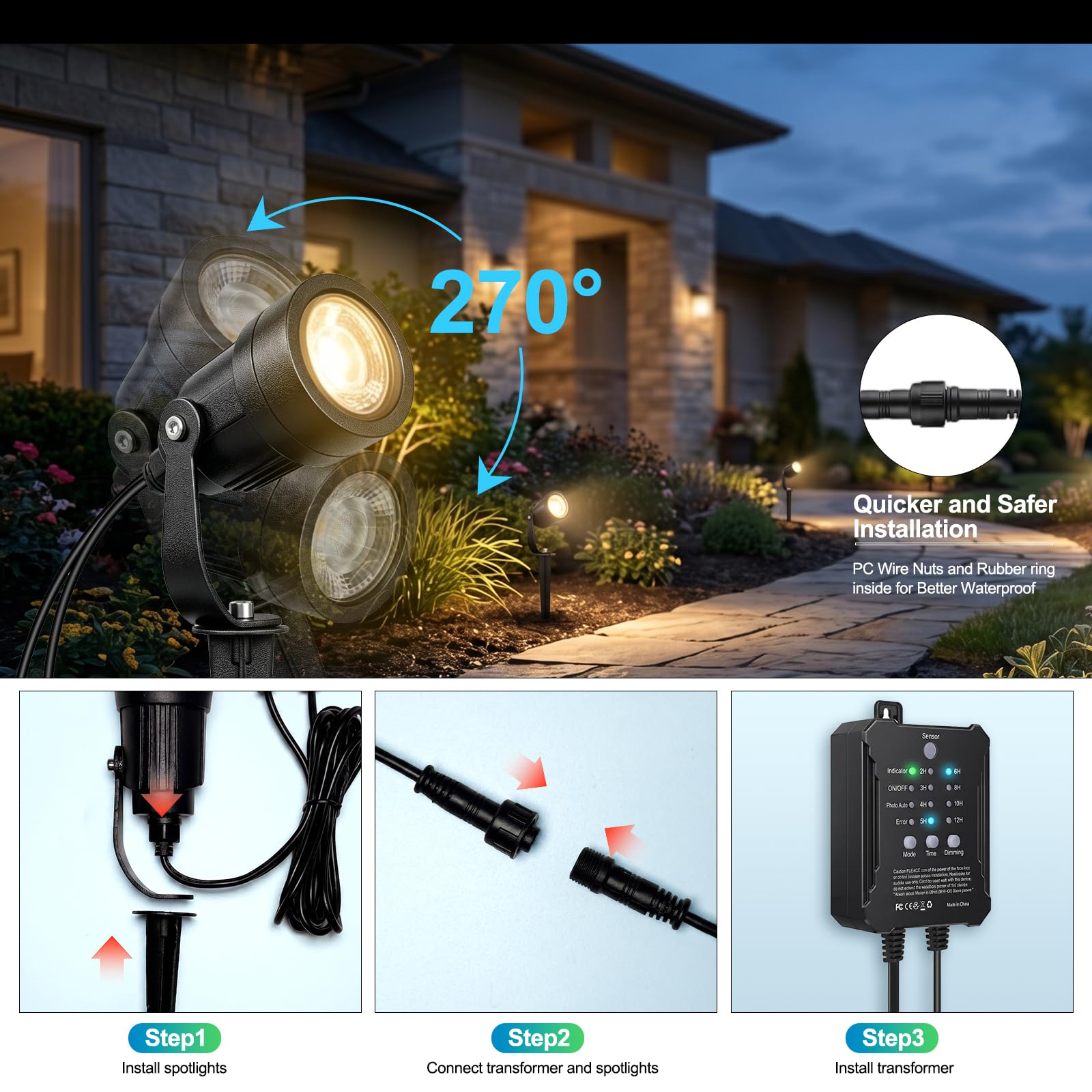 SMY Lighting 8er Set Gartenbeleuchtung, 5W Aluminium LED Gartenstrahler mit Timing und Fotozellensensor, 3000K Warmweiß, IP65 Wasserdicht, Dimmbare Strahler Außen mit Transformator für Garten Wege