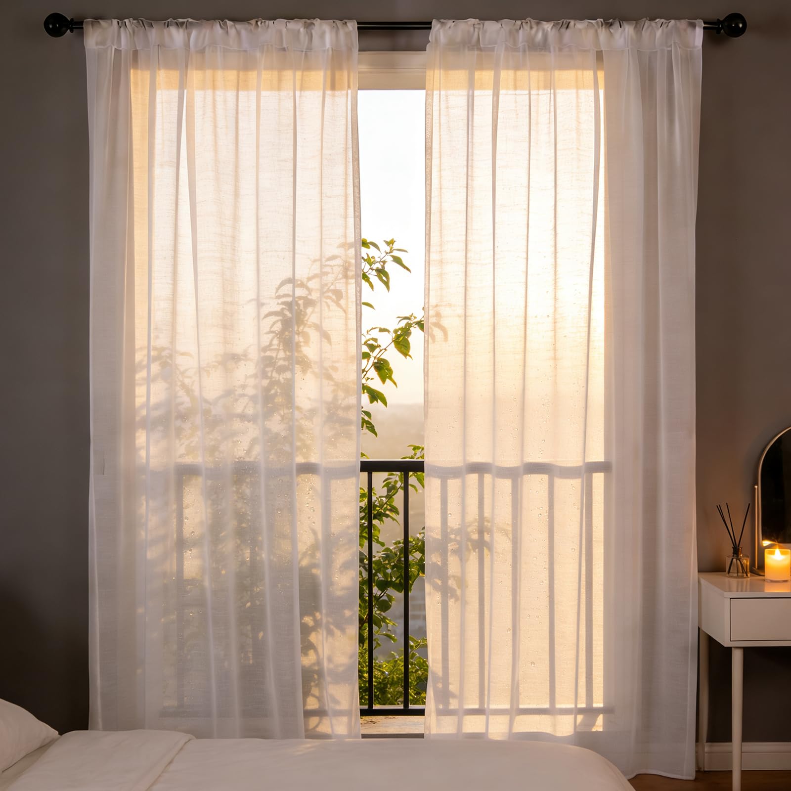 Rideau Voilage Blanc 235 x 240 cm à Oeillet Semi-Transparent en Effet Lin, Moderne Décorations D'Intérieur, Filtrage de Lumière, Léger, Voile Transparent, Rideau Semi Occultant pour Chambre, Blanc