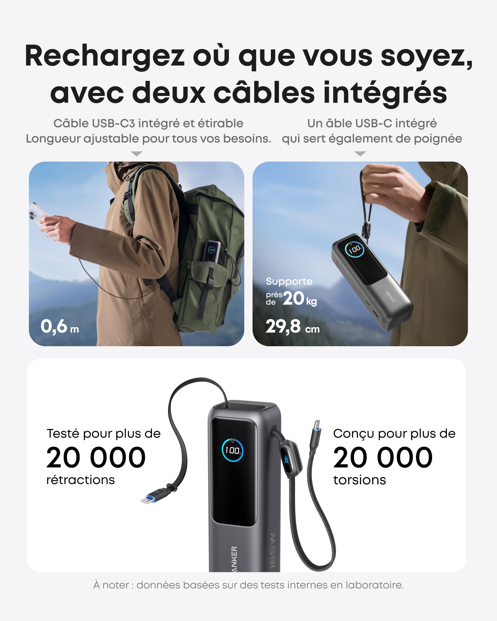 Anker Batterie Externe 25000mAh 165w pour Ordinateurs Portables 3 Ports USB C pour Plusieurs Appareils, Câble Intégré+Câble Rétractable, pour iPhone17 Pro Max/16 15, MacBook, Samsung