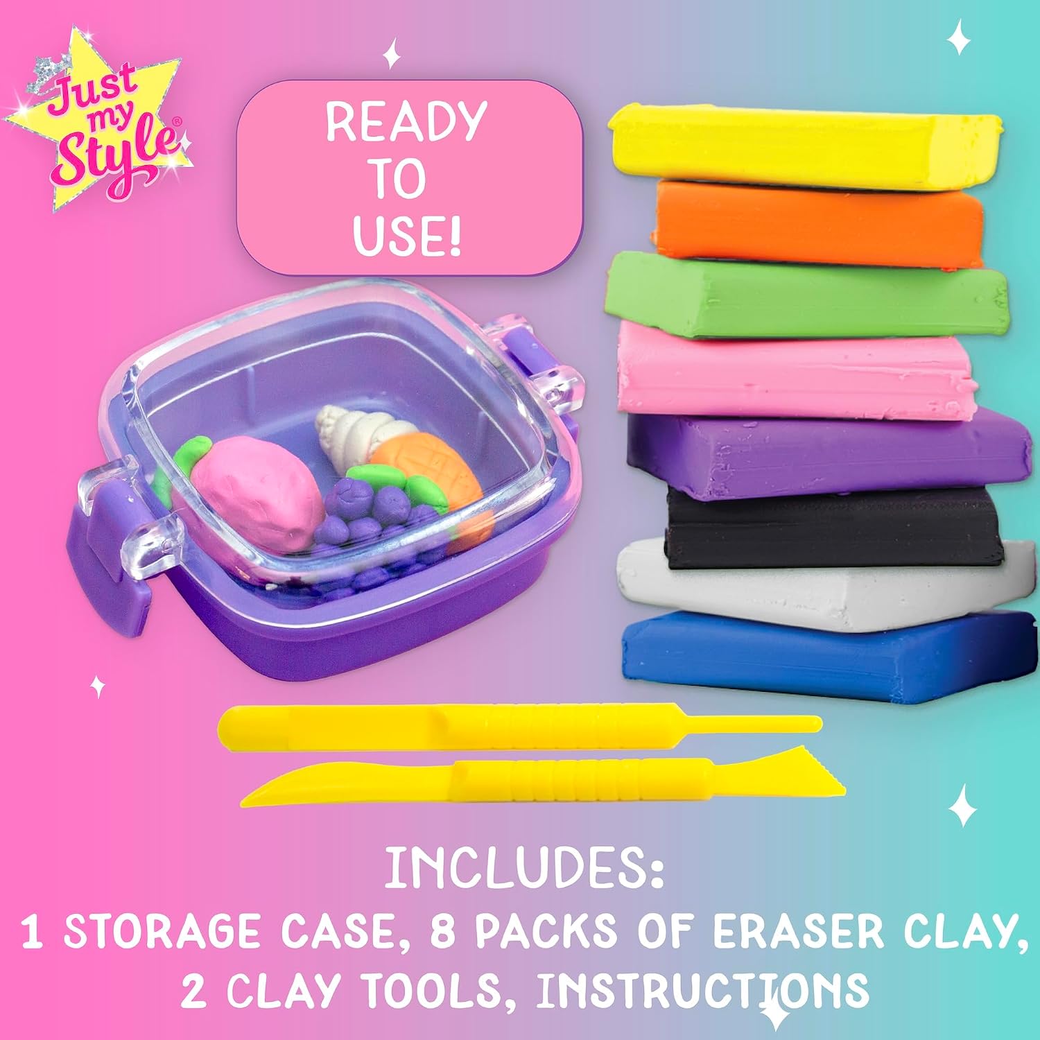 Just My Style Mini Eraser Maker Sculpt and Design Custom Erasers with 8 Unique Eraser Clays, Tools, and Storage Case, DIY School Supply Craft Kit for Kids Ages 6 and Up