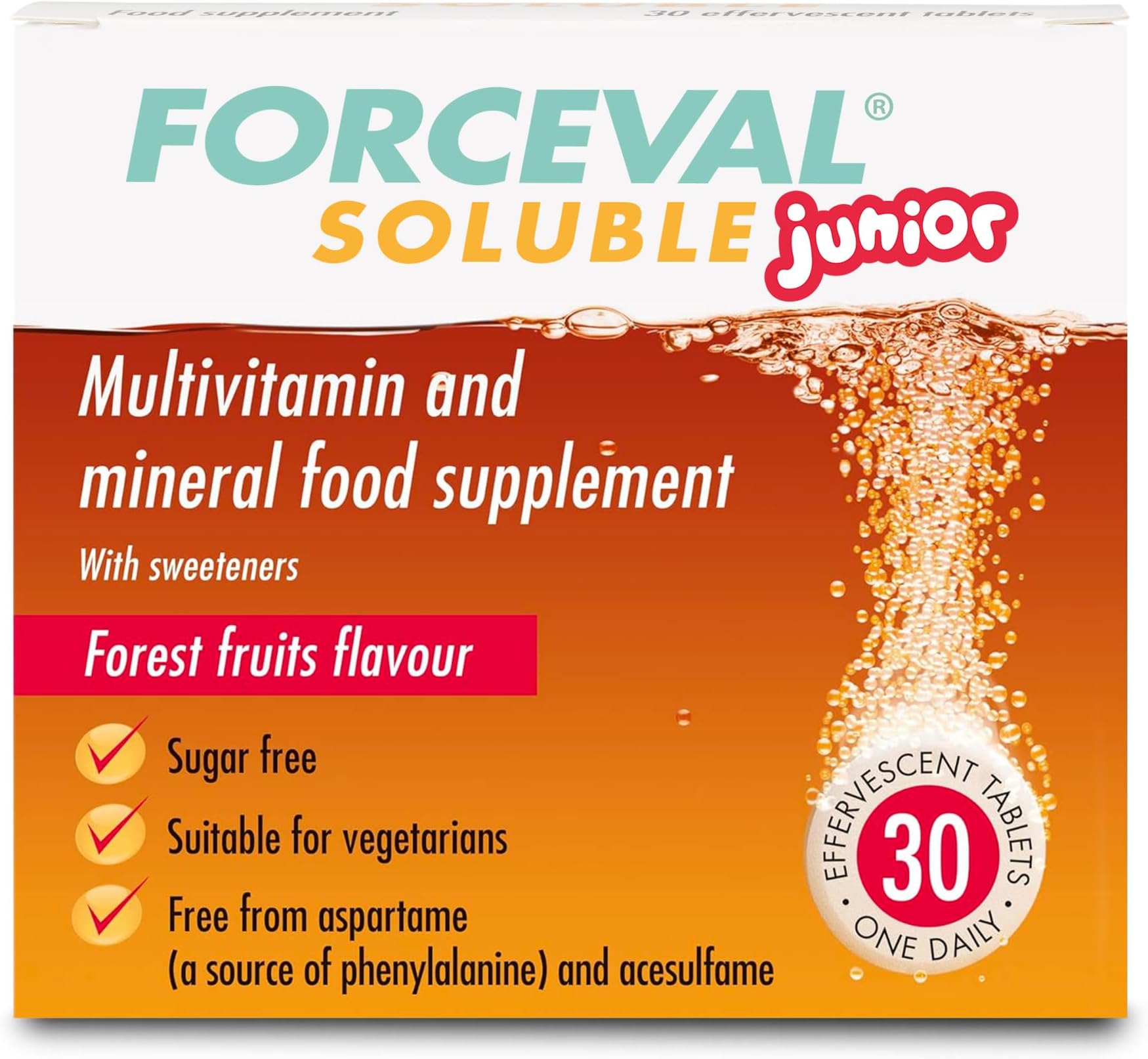 Junior, Kids Multivitamin Drink, Including Vitamin C, D, B12, A and B6. One Effervescent Tablet a Day, no Added Sugar, Vegetarian. Suitable for Children 6+. Pack of 30
