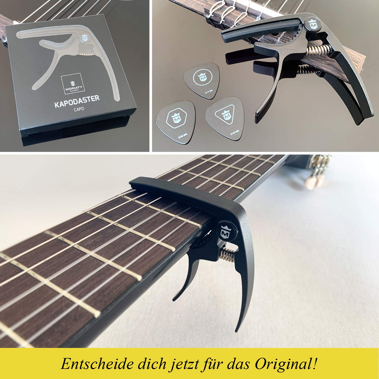 MORIATY QuickChange kapodaster do gitary + 3 kostki + szkoła gitarowa – bardzo wytrzymały Capo do gitary westernowej, akustycznej, koncertowej, elektrycznej, banjo i ukulele