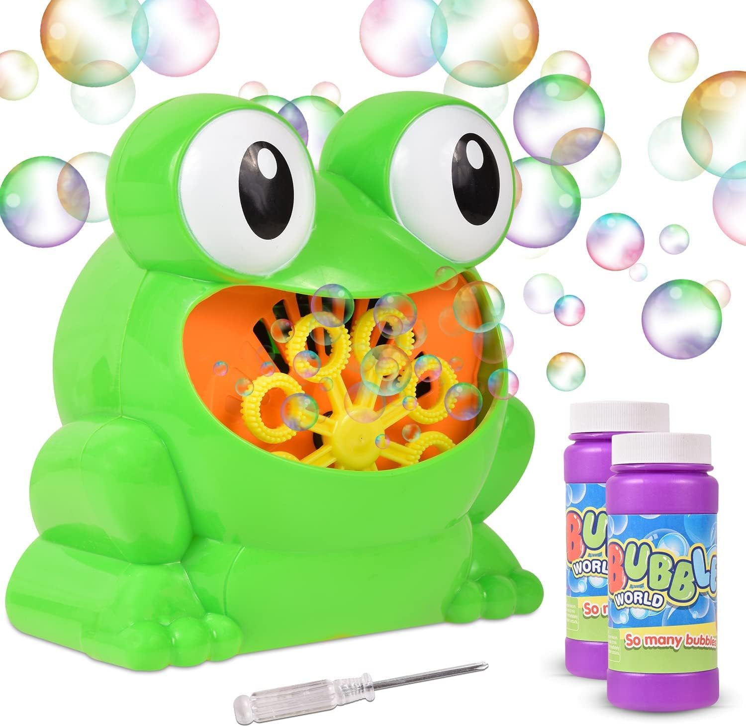 FUN JUNCTION Bubble Machine, Frog Bubble Machine Toy for Kids, Babies, Toddlers and Dogs. Automatic Bubble Maker Toy with 2 Bottles of Solution.