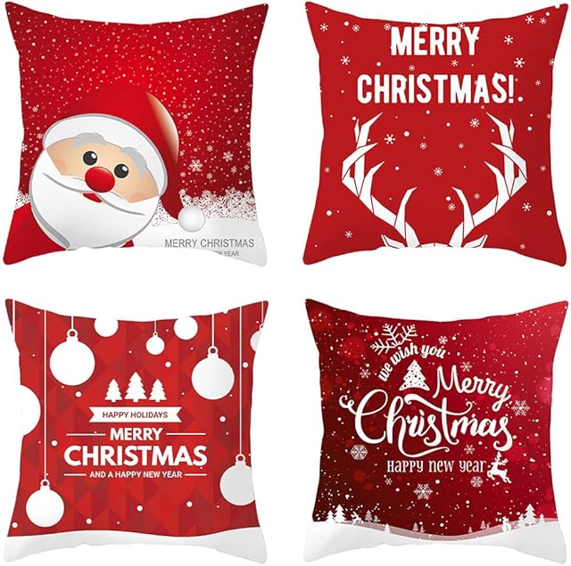 kuou 4 Pack Christmas Cushion Covers, 45x45cm Christmas Pillows Red Xmas Decorative Throw Pillow Case Snowflake Couch Pillowcases Home Decor for Sofa Bed Xmas Gifts Party