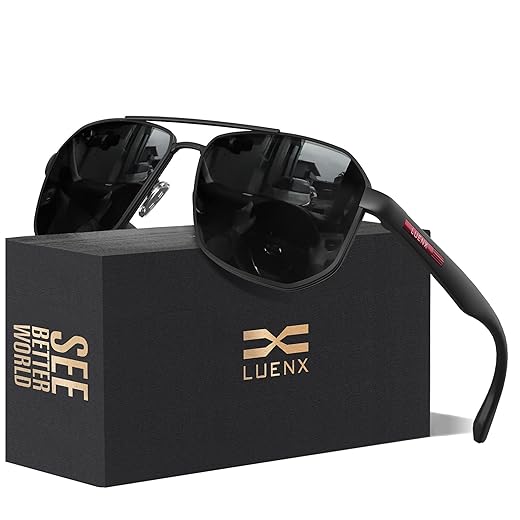LUENX Aviator Sunglasses for Men Square Polarized Polygon Lens - UV 400 Protection with Accessories 61MM Driving Outdoor