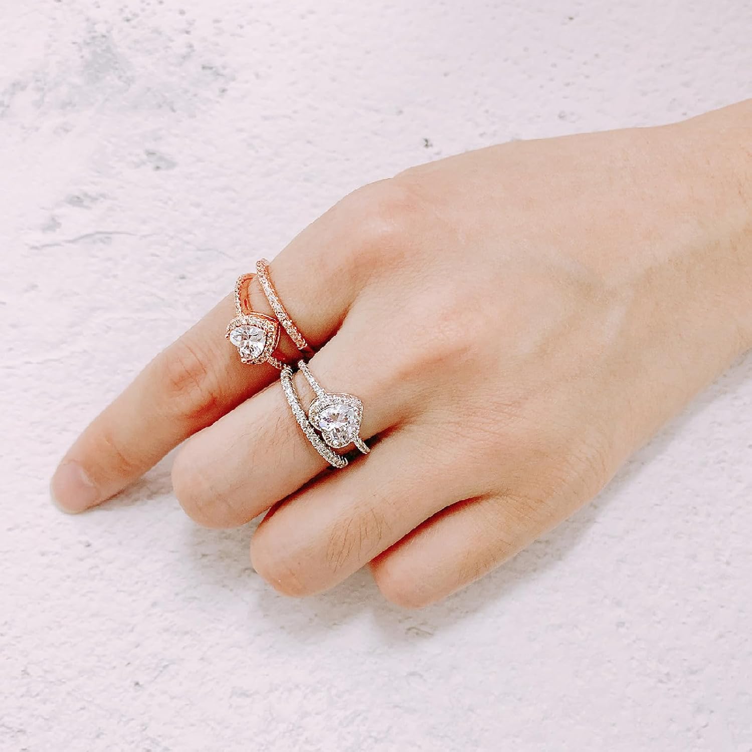 Wedding Ring for Women Two-in-One Love Heart Cubic Zirconia Ring Set 18K White/Rose Gold Plated Engagement Band Set Bridal Promise Wedding Stackable Band Size 5-10