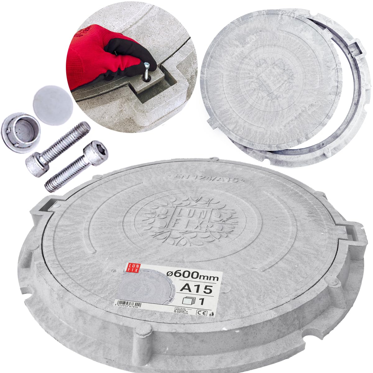 Tapa de arqueta redonda DN 600 mm gris claro clase A15 1,5t, Lun Fix | Polímero-sand resistente, tornillos antimanipulación, cubierta de registro para pozo de drenaje
