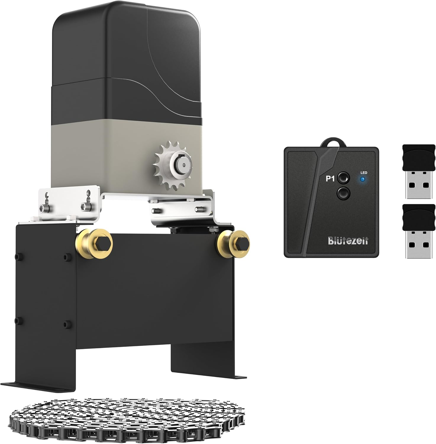 Blütezeit 1100lb Sliding Gate Opener with 2.4G Bluetooth Vehicle Exit Sensor | Chain Drive Motor Kit with 2 Remotes & 16.4ft Chains