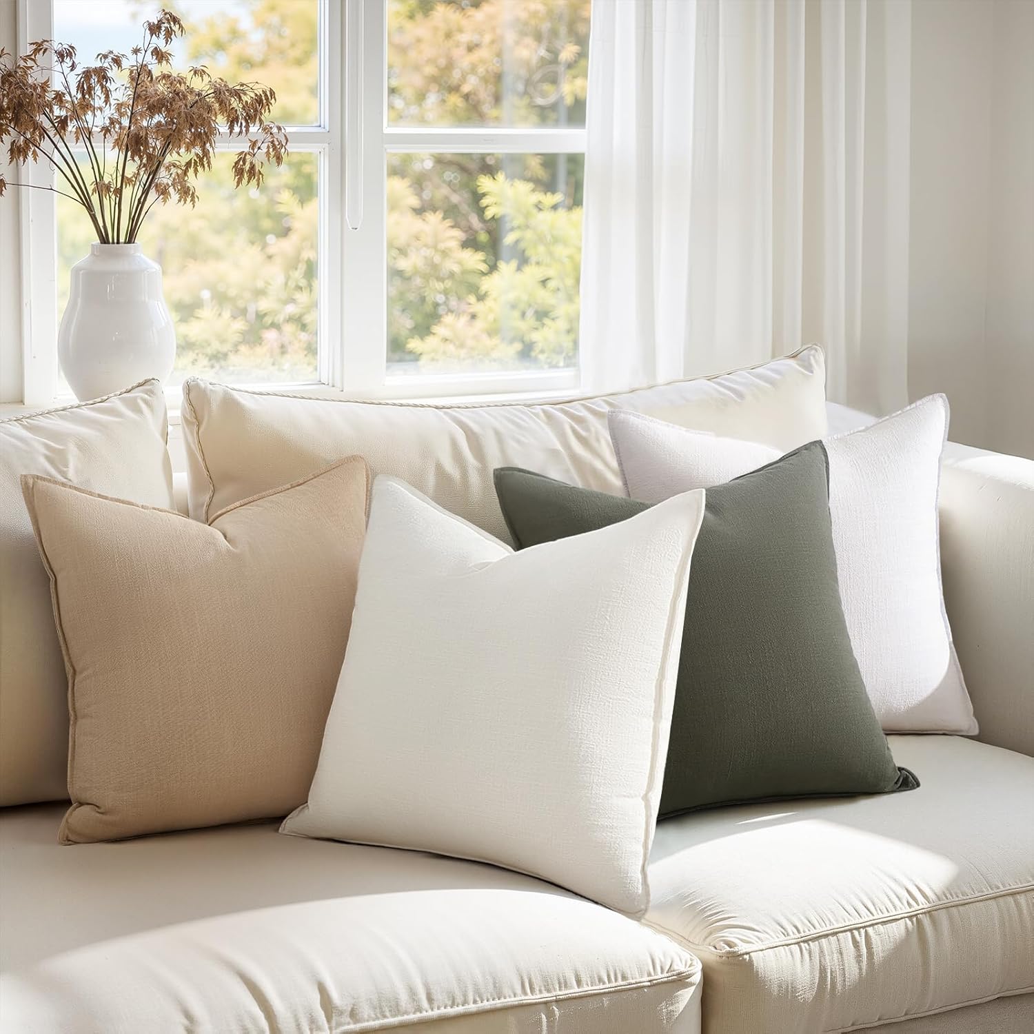 Pack of 4,Decorative Linen Soild Throw Pillow Covers Soft Accent Cushion Case Boho Farmhouse Neutral Pillowcase for Couch Sofa Bedroom Living Room Home Decor 18 x 18 Inch Green - Image 4