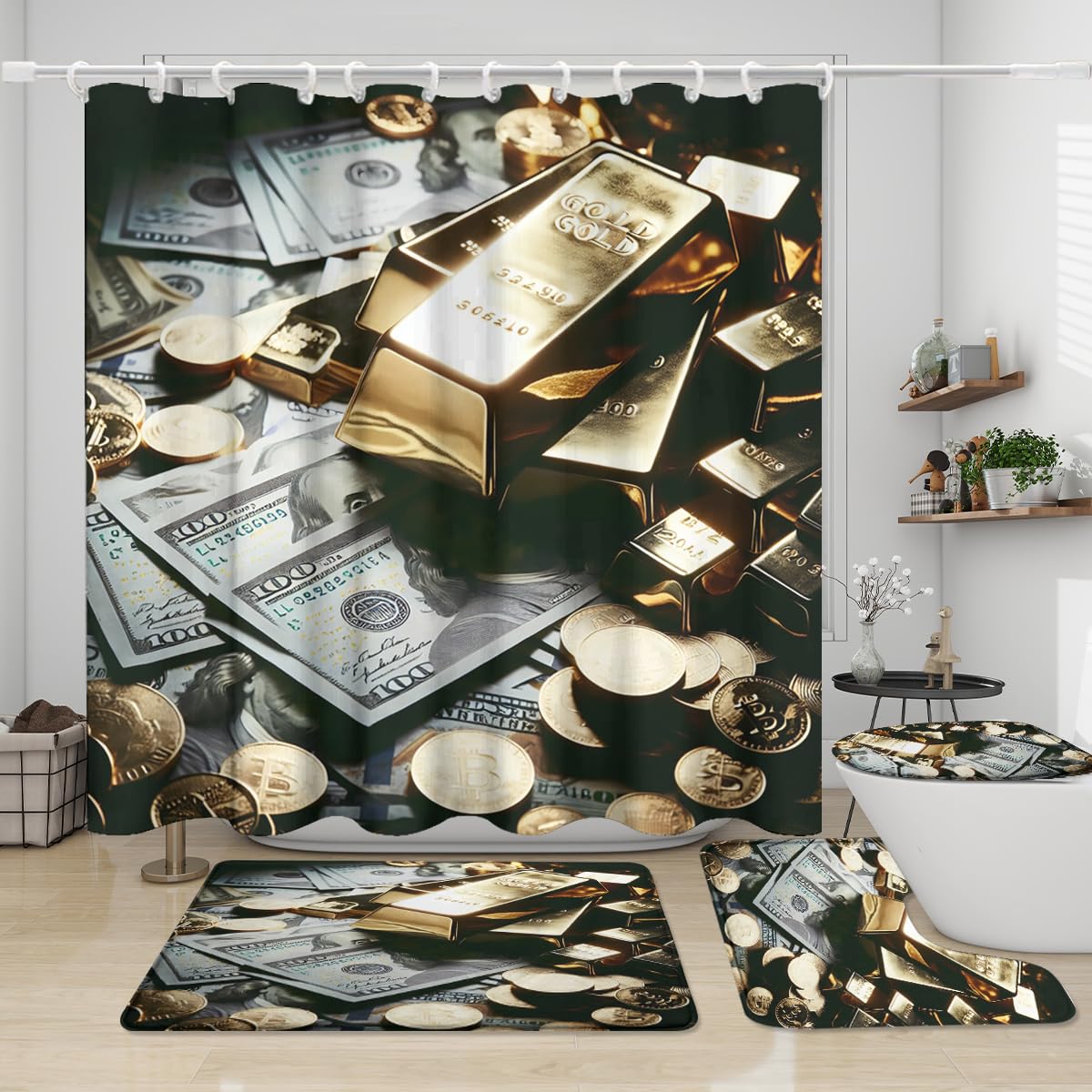 KuracleGH Modern USA Dollar Money Shower Curtain Sets 4 Pcs,Realistic American Dollar Bill Cash Theme Gold Bathroom Decor with Rugs Include Waterproof