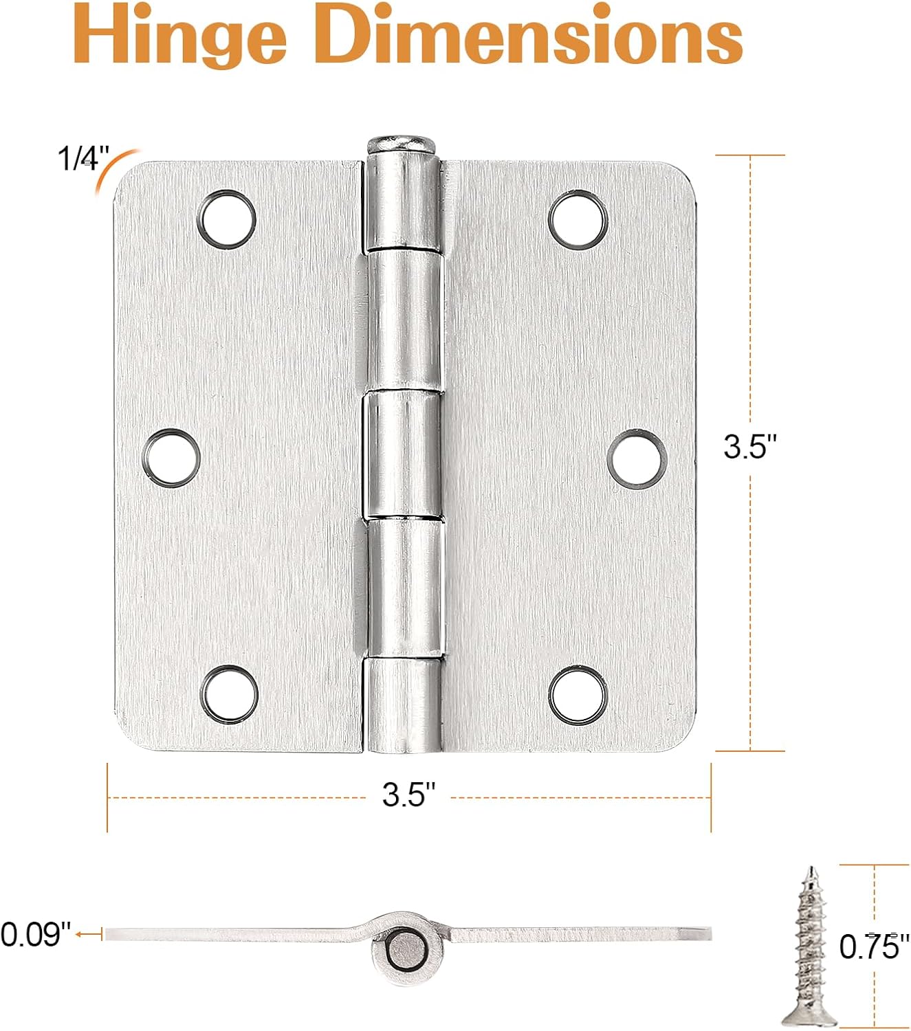 Probrico Interior Brushed Nickel Door Hinges, 3.5 X 3.5 Inch Round Door Hinges with 1/4" Radius Corners, Nickel Hinges for Doors, 18 Pack