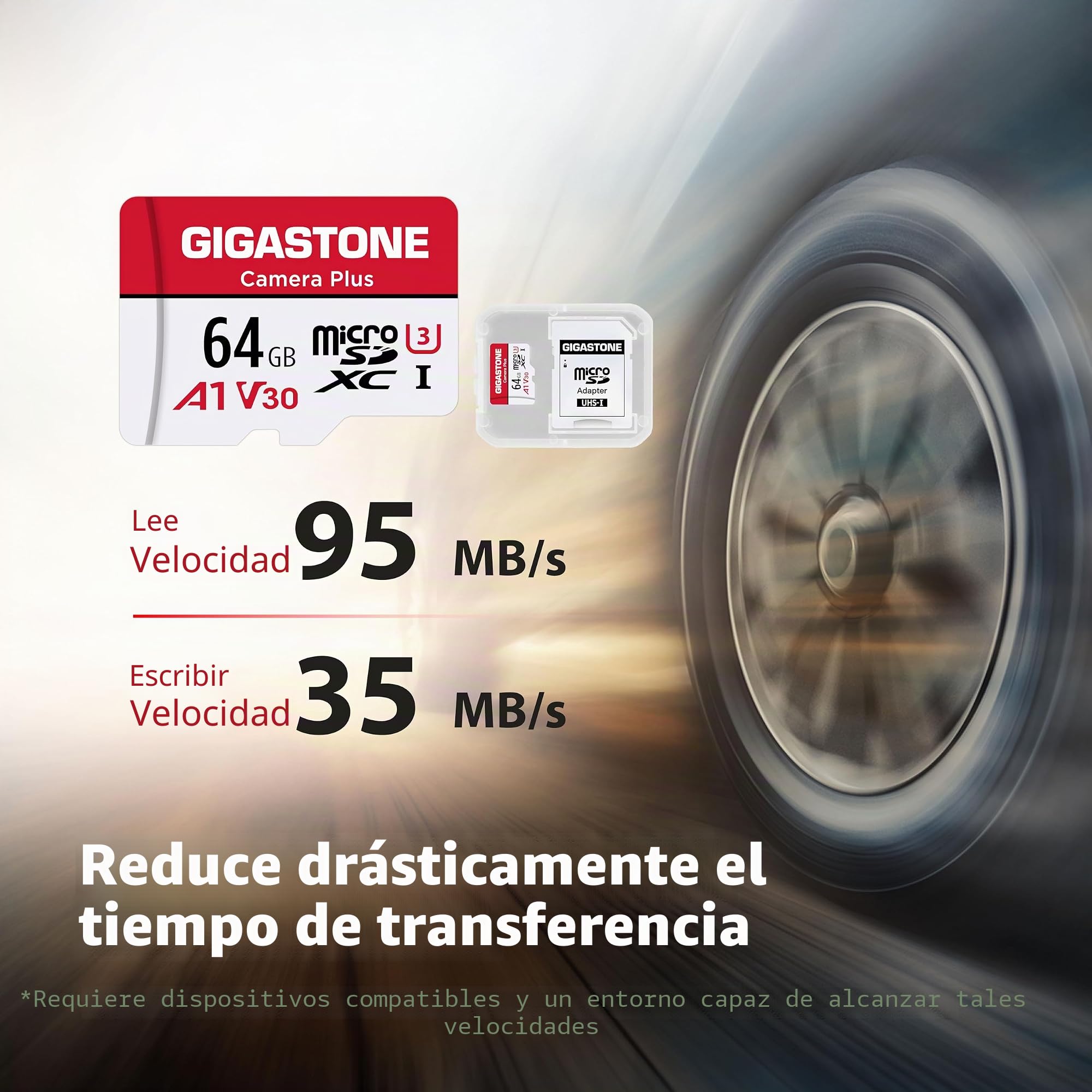 Gigastone - Tarjeta de Memoria de 64 GB, Juego de 5 Tarjetas, cámara Plus Serie, Velocidad de hasta 95 MB/s. Ideal para cámara de vídeo Full HD Gopro Drone, U1 C10 Tarjeta Micro SDXC con Mini Carcasa