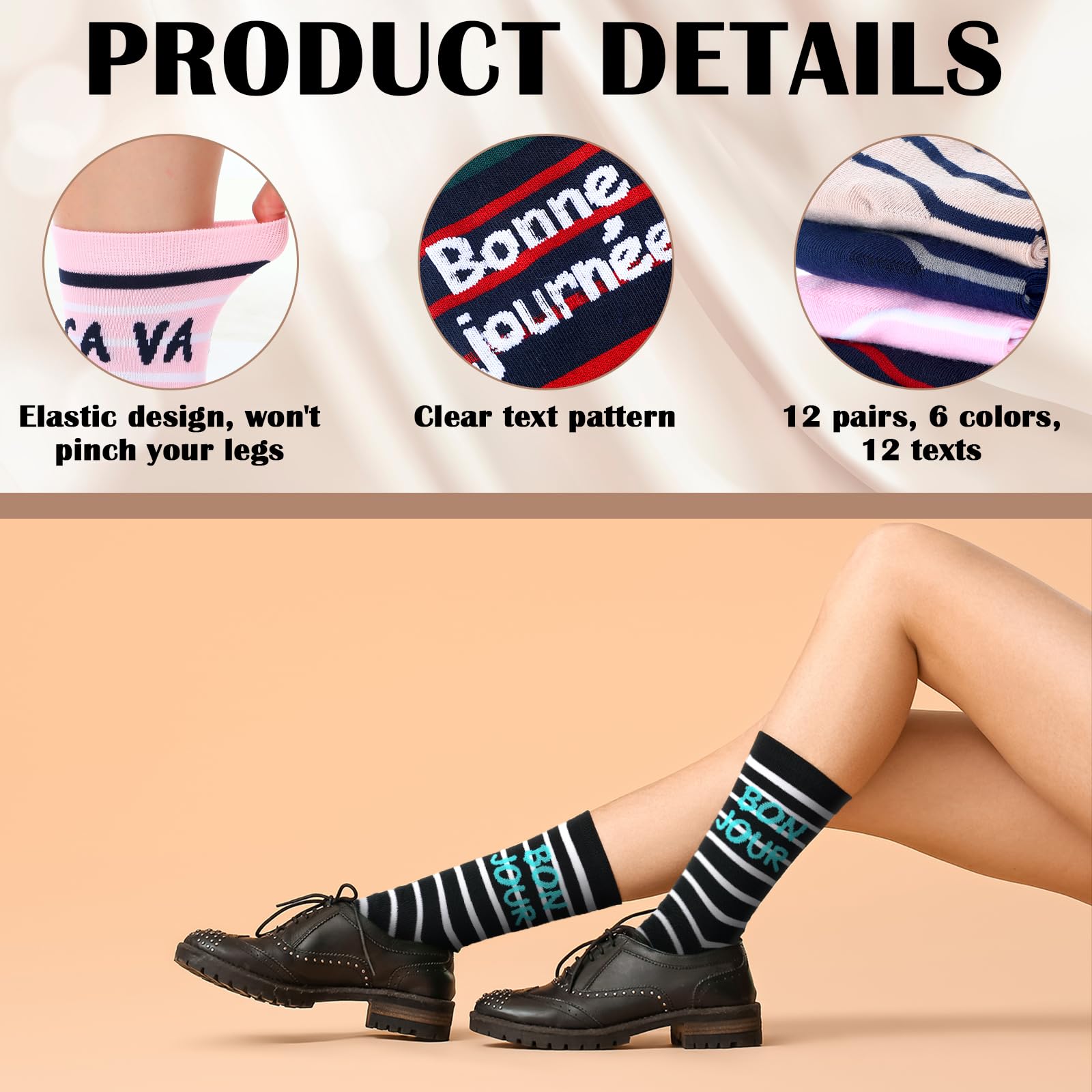 Glitopper 12 Pairs French Socks for Women Men Novelty French Language Sock Paris Gift for Traveler France Lover US Size 6-12