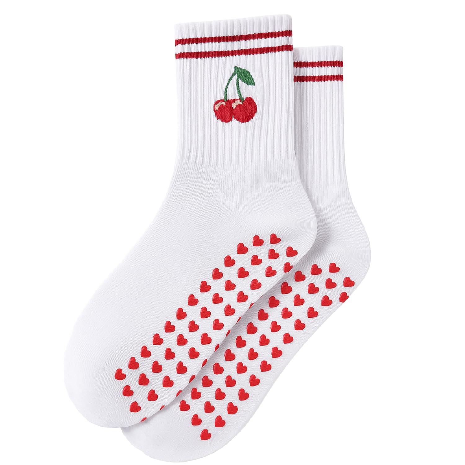 Cherry Grip Socks for Women Yoga Pilates, Anti Slip Footwear with Rubber Sole Non Skid Design, Soft Cotton Skid Sock for Home Fitness Studio Floor Workouts Cherry Grip Socks for Women Yoga Pilates, Anti Slip Footwear with Rubber Sole Non Skid Design, Soft Cotton Skid Sock for Home Fitness Studio Floor Workouts