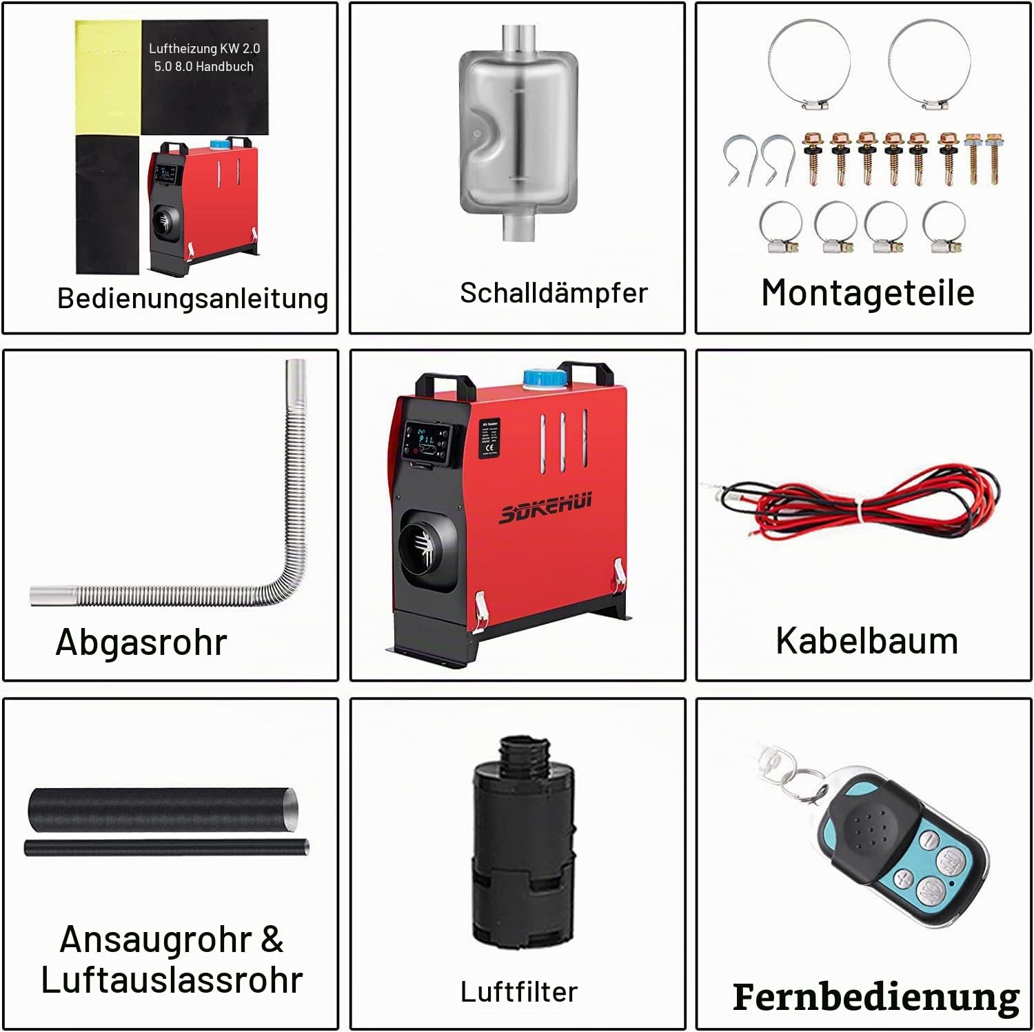 12V Standheizung Diesel, 8KW Diesel Lufterhitzer, 0,18-0,48 Standheizung, Luft Dieselheizung, Air Diesel Heizung für Auto RV Boote LKW Wohnmobil Bus mit Schalldämpfer(Schwarz und Rot)