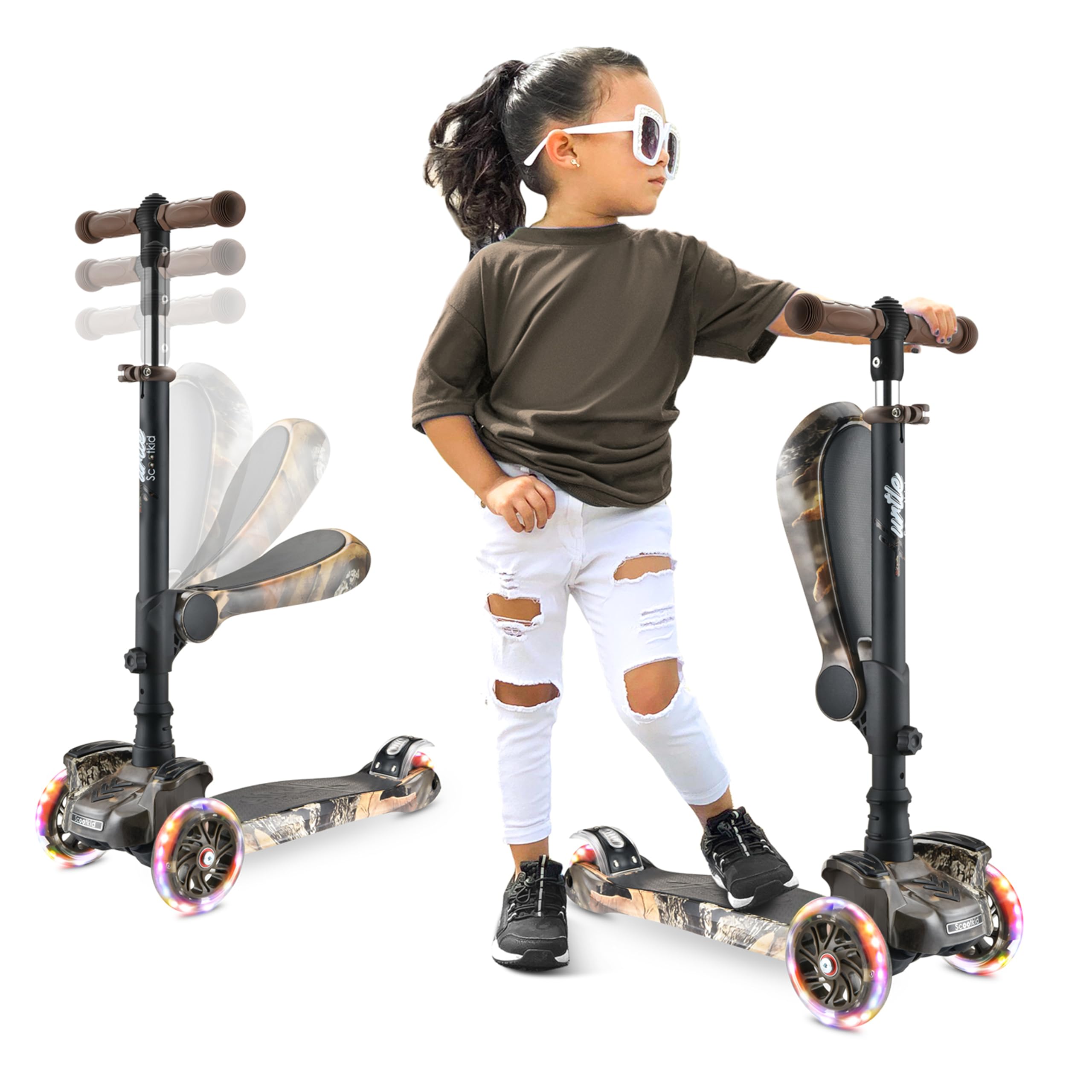 Hurtle 3-Wheel Tri Scooter for Kids - Ages 2-12, Flip-able Seat, Foldable, Flashing Lights, Adjustable Height
