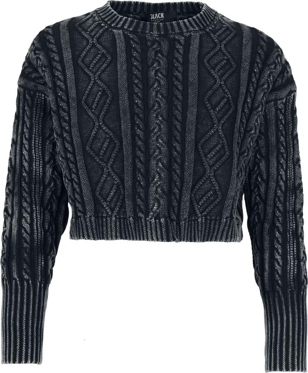 Black Premium by EMP Damen schwarzer Strickpullover mit Acid Wash und Daumenlöchern