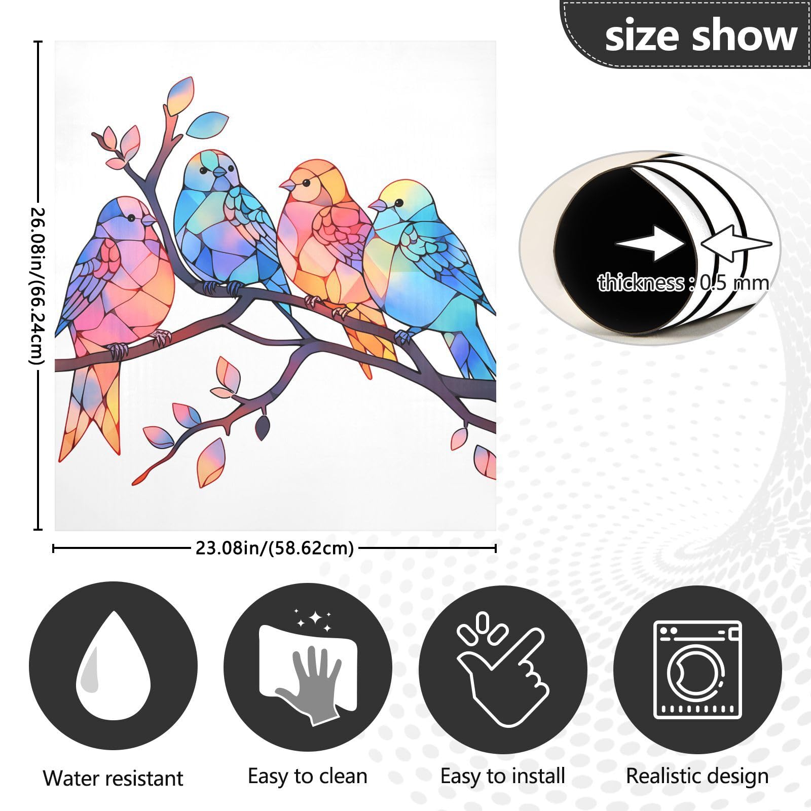 Stained Glass Birds On Branch Magnetic Cover - 23x26 Inch, For Dishwasher, Refrigerator & Metal Appliances, Decorative PVC Magnet