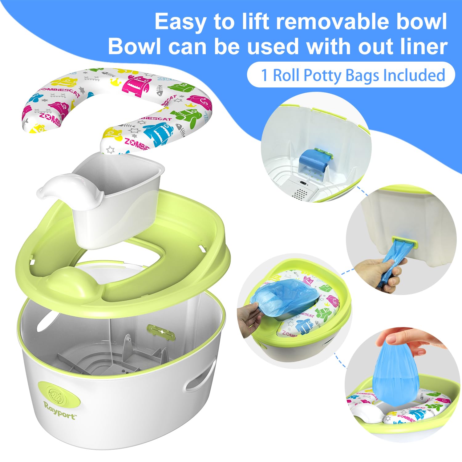Orinal de entrenamiento musical 3 en 1 para niños pequeños con asiento acolchado, verde y blanco, maceta interior extraíble