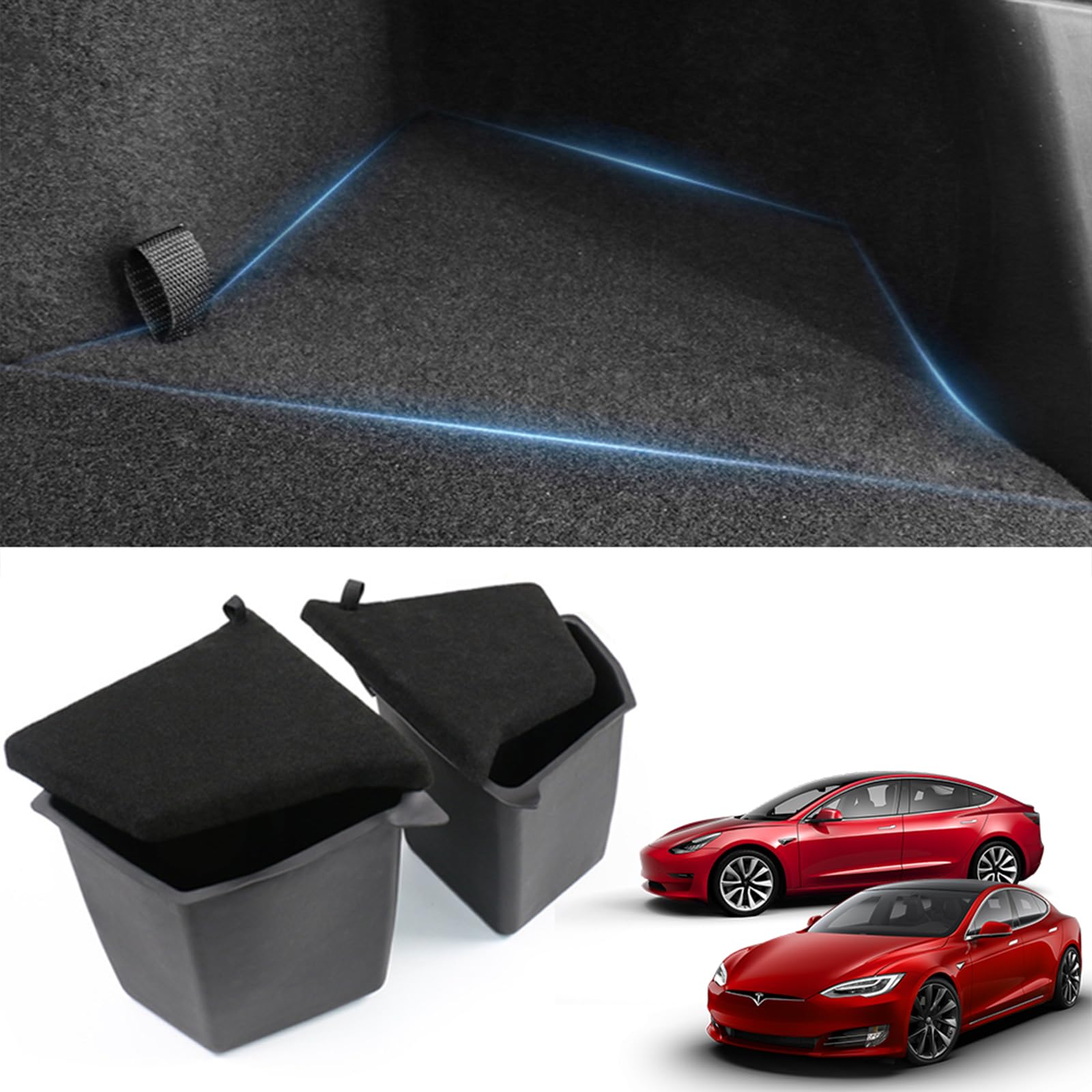 Photo 1 of Tesla Model Y Accessories 2023, Tesla Model Y Trunk Storage Bins, Tesla Model Y Trunk Organizer, Trunk Side Rear Trunk Organizer with Lids for Tesla Model Y 2019-2022, Set of 2 (Flocked Lids)