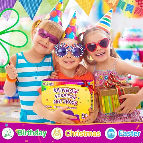 Miniatura 9 de pigipigi Cuaderno de rayas arcoíris para niños, paquete de 26 unidades de papel mágico para rascar, libro de papel de arte negro a granel, juguete