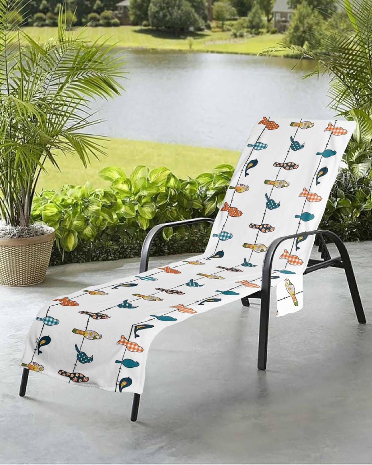 Birds Flowers Beach Pool Patio Lounge Chaise Chair Cover Towel With Pockets,Absorbent & Quick Dry Microfiber Towel Cover Bag Summer Accessories for Sunbathing Blue Boho Polka Dot Plaid Orange Teal